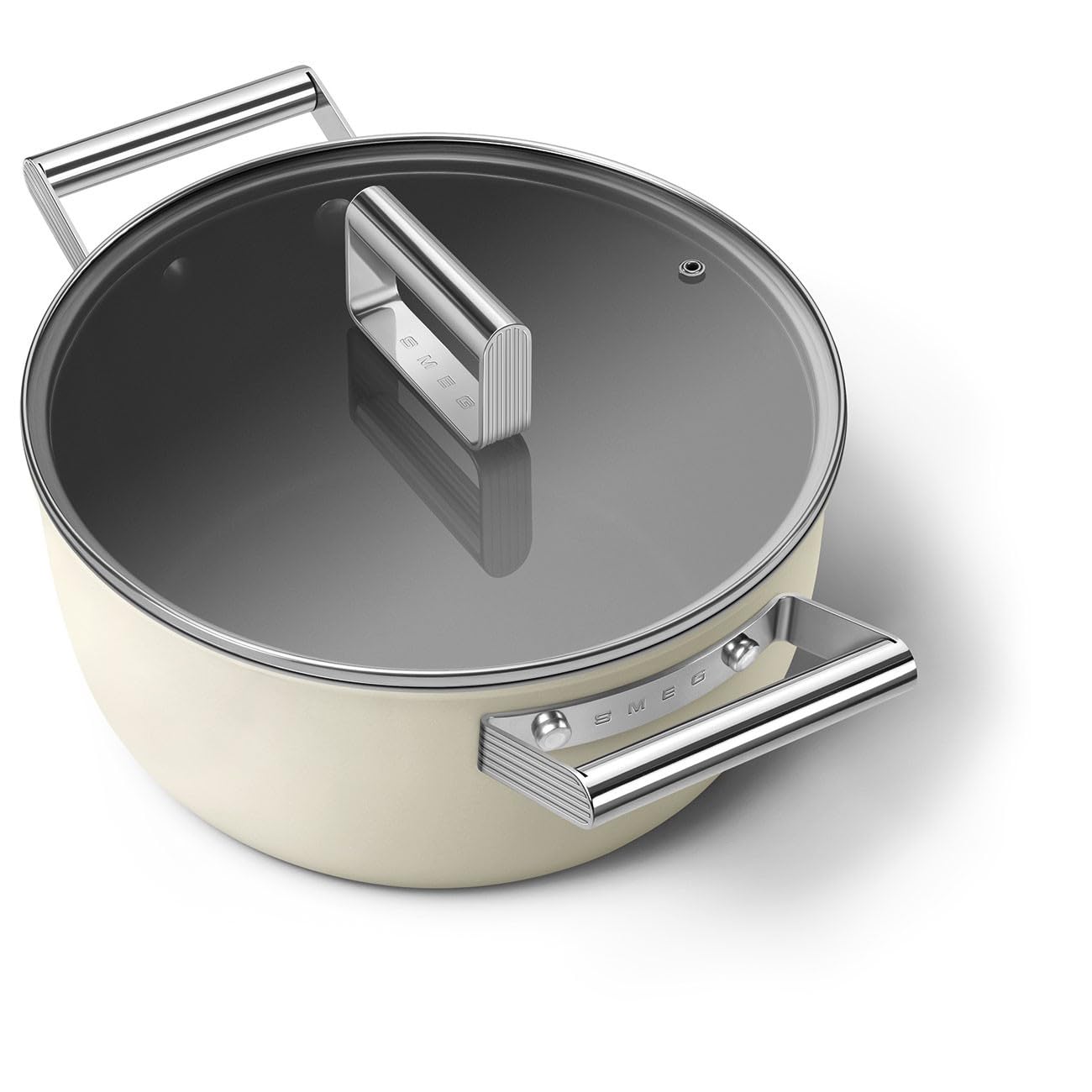 Smeg, Antihaft-Auflauf CKFC2411CRM mit Deckel im Lieferumfang enthalten, Durchmesser 24 cm, Seitengriffe aus Edelstahl, Für alle Kochfelder, Bis 250° Im Ofen, Fassungsvermögen 4.6L, Creme
