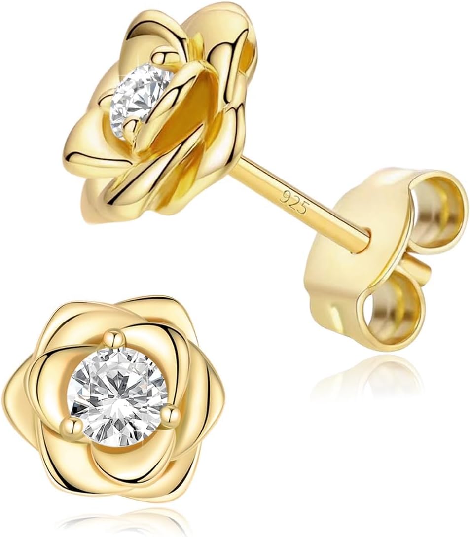 14K Gold Plated 925 Sterling Silver Post Rose Flower Stud Earrings for Women Birthstone Cubic Zirconia Studs Earrings Hypoallergenic & Nickel Free Jewelry