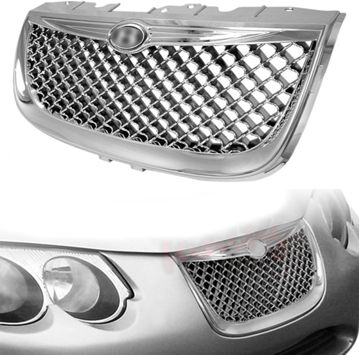 Bumper Grille Compatible with 1999-2004 Chrys1er 300M Glossy Chrome Bumper Grille Vent Grill 3D WAVE MESH