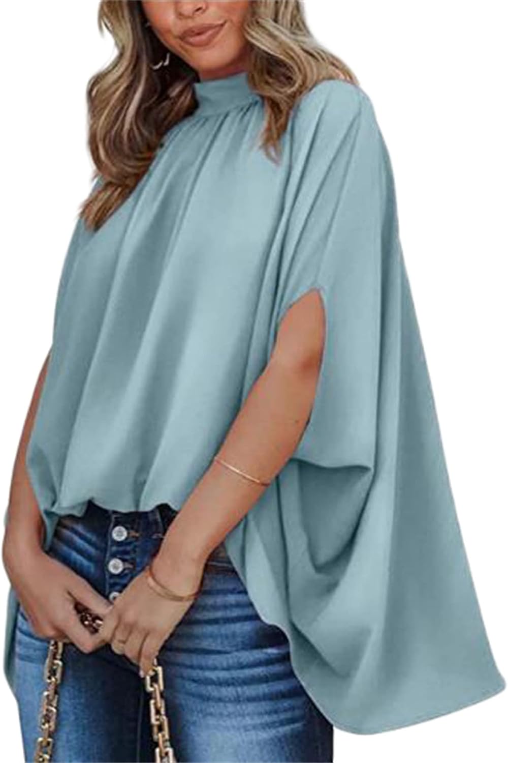 Andongnywell Women's Summer Oversize Blouses Mock Neck Pleated Batwing Sleeve Drape Tunic Dressy Cape Shirt Tops