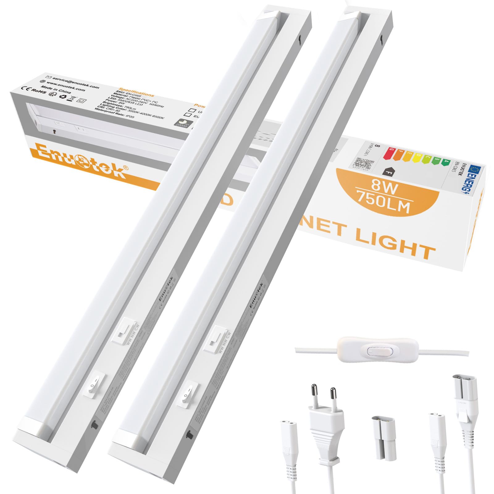 ENUOTEK Luce LED Sottopensile Cucina, Barra LED Sottopensile 545MM 2 Pezzi Dimmerabile, 3 Colori di Luce Regolabili 3000K 4000K 6500K Luci, 8W 750Lm, Per la Cucina e il Bagno, Funzione di Memoria