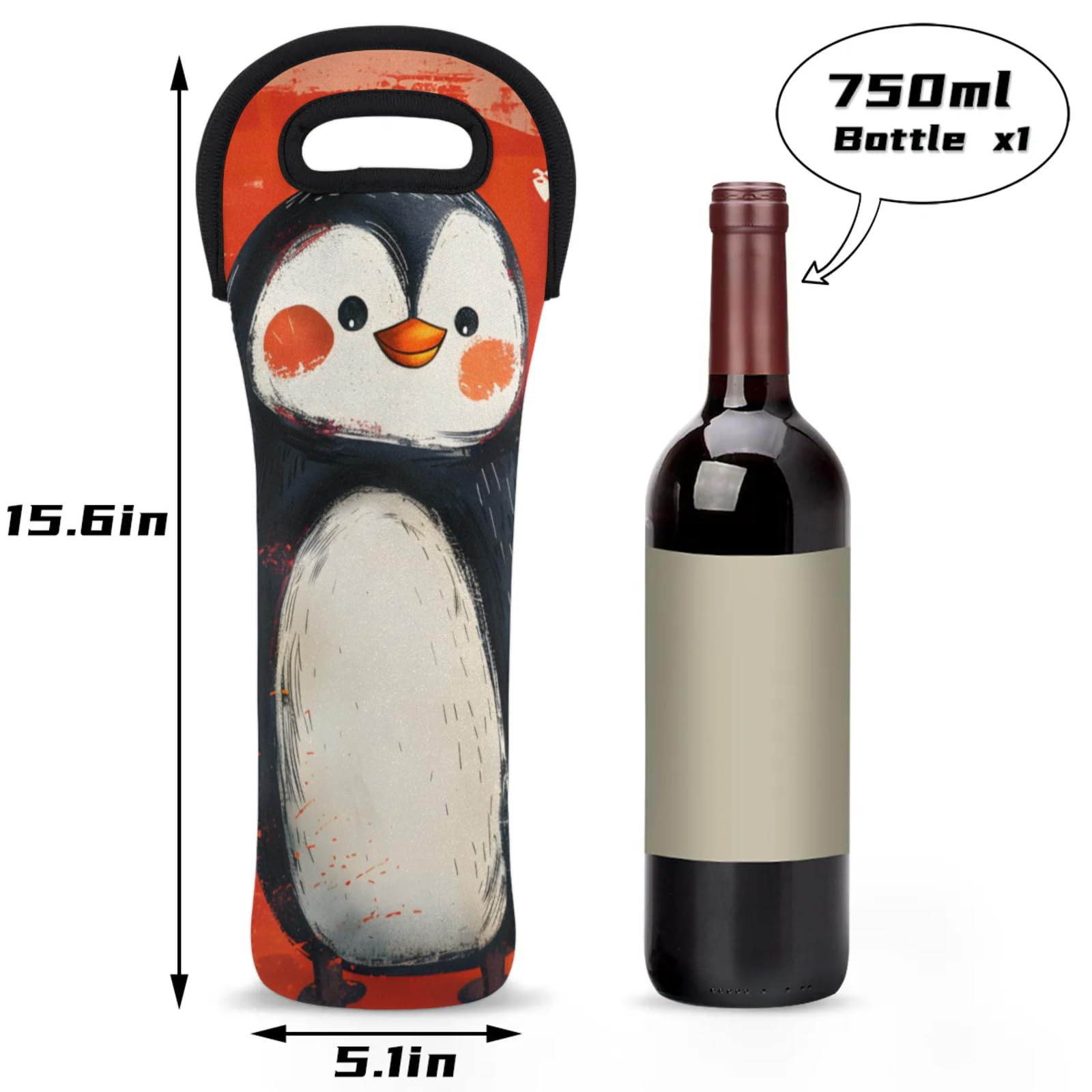 Neoprene Wine Tote Carrier Bag for Wine,Water, Champagne, Beer, Baby Bottles 15.6 x 5.1 Inches, Protective Wine Bag,Penguin Heart Red