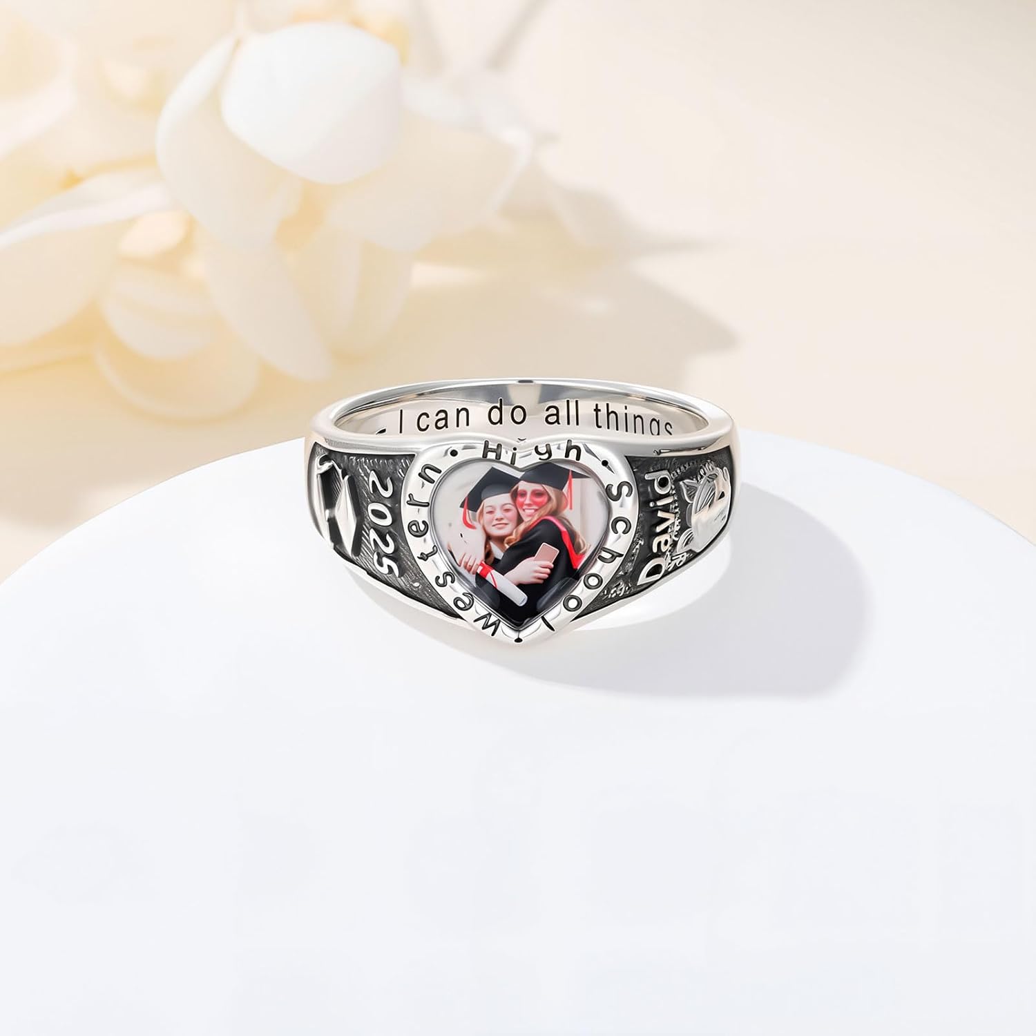 Photo Class Ring womens College High School Rings Heart 2025 Graduation Ring 2026 For Women Sterling Silver/10k 14k 18k gold