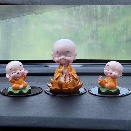 Miniatura 5 de Linda estatua de monje pequeño, juego de 5, figura de monje de hoja de loto amarilla de resina para niños, figura de Buda en miniatura para