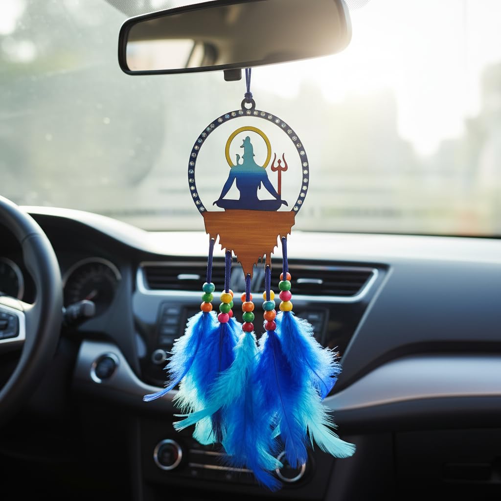 Shiva Dream Catcher for Car | Unique Hand Painted Lord Shiva Rear View Mirror Hanging | Stylish Handmade Car Interior Accessories Gift | Spiritual Mirror Decoration for Positive Energy