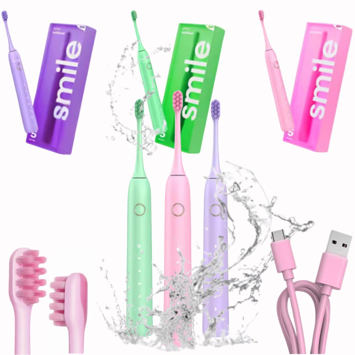 Sonic Cepillo de dientes eléctrico | Cepillo de dientes eléctrico | 43.000 pulsos | Aprobado por dentistas | Batería de 60 días | Carga USB-C | 5 modos | 3 opciones de color (rosa, talla