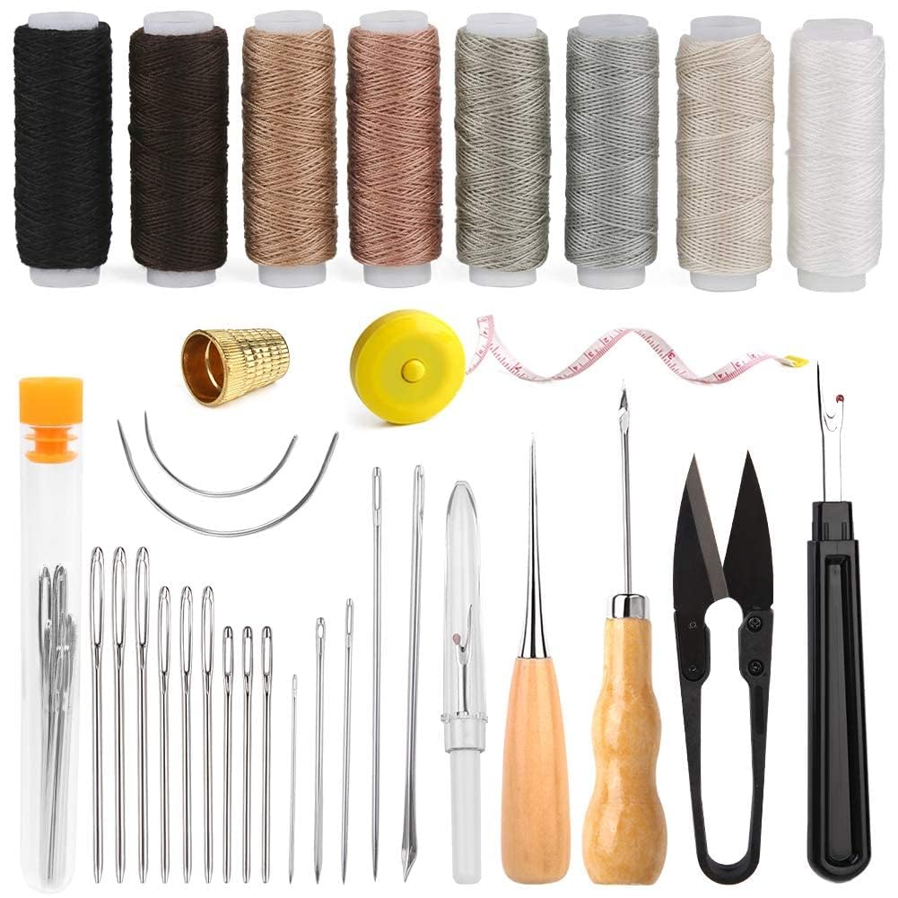 Tazweeq Upholstery Repair Sewing Kit, Heavy Duty Sewing Kit with Sewing Awl, Seam Ripper, Hand Sewing Stitching Needles, Sewing Thread, Leather Craft Tool Kit for Shoes Tent Carpet Leather Craft DIY