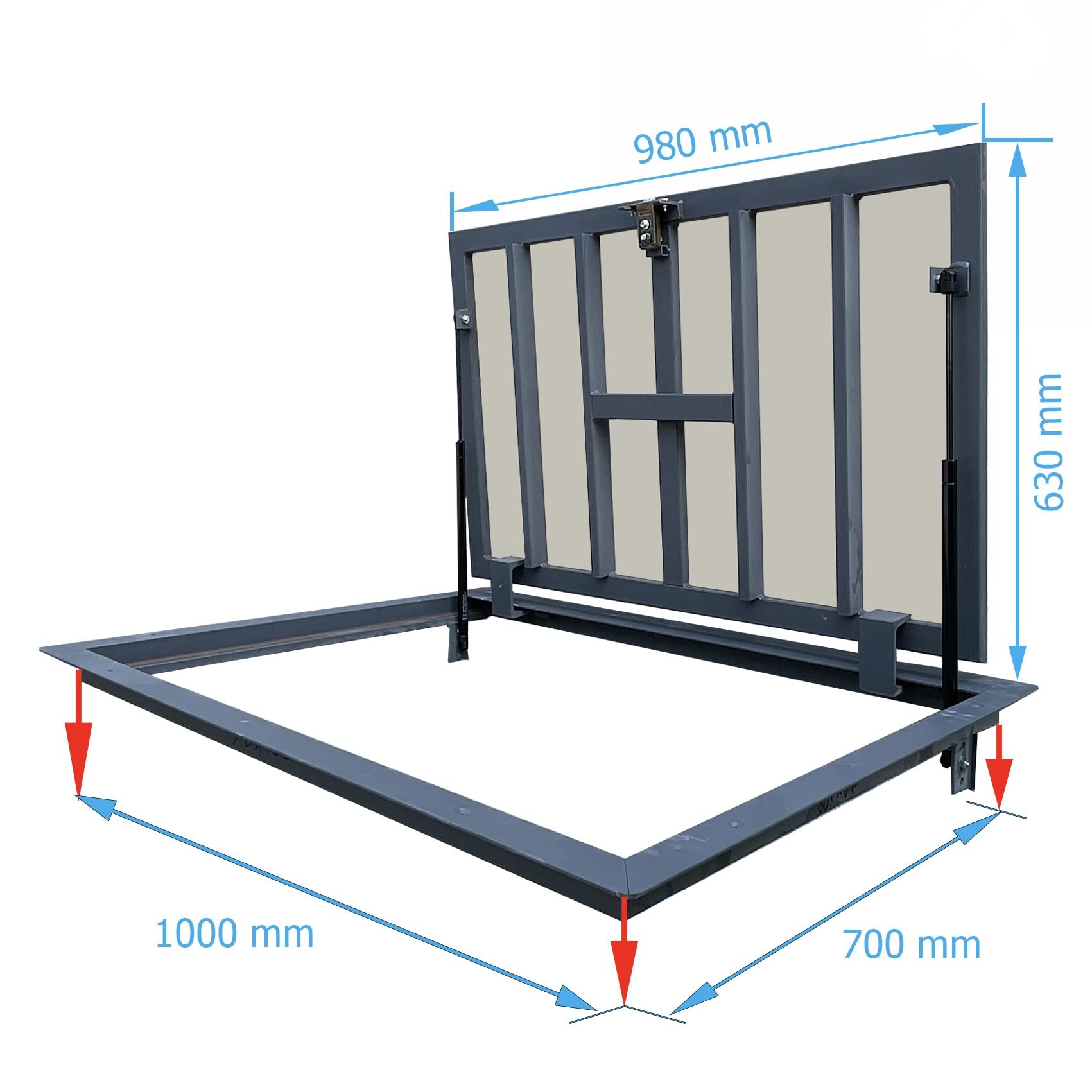 Właz Podłogowy 700 x 1000 mm - Właz do Piwnicy Rewizyjny Podłogowy - Metalowa Pokrywa z Amortyzatorem Gazowym i Uchwytem Oraz Gumową Uszczelką