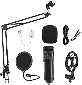 Condenser Microphone Bundle BM-800 Mic Kit with Adjustable Mic Suspension Scissor Arm, Shock Mount and Double Layer Pop Filter for Studio Recording and Broadcasting(Black)