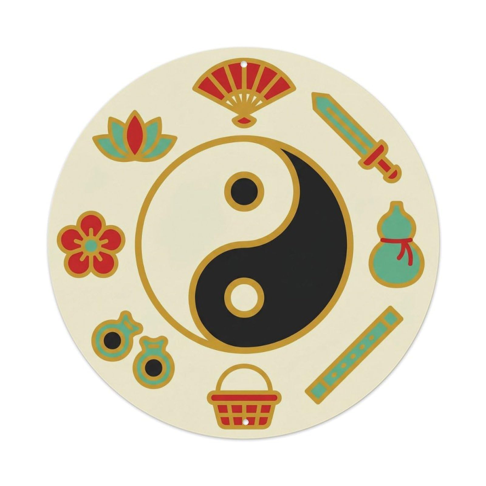Eight Immortals Taoist Relics Symbolic Tools Zen Sacred Metal Tin Sign Plaque Wall Decor for Cafe, Man Cave, Club Bar, Office, Home Garden Round Metal Poster 8x8Inch