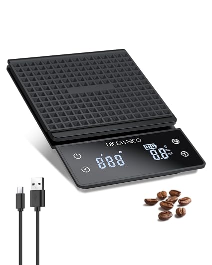 Diceyney Báscula digital de café con temporizador, 3 kg/0,1 g precisión, temporizador recargable, cuenta regresiva, báscula de espresso con almohadilla térmica