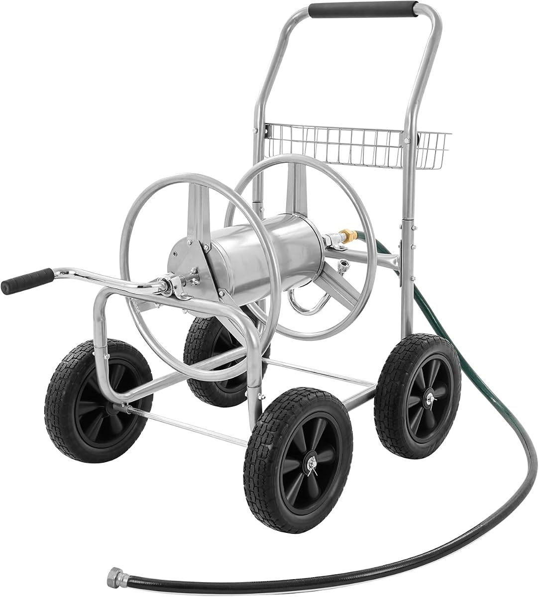 VEVOR Carro de carrete de manguera, soporta hasta 250 pies de manguera de 5/8 pulgadas, carros de manguera de agua de jardín herramientas móviles con 4 ruedas, plantación al aire libre de acero con recubrimiento en polvo resistente con cesta de almacenamiento, para jardín, patio, césped | Acero con recubrimiento en polvo resistente, cesta de almacenamiento, herramientas móviles, para jardín, patio, césped