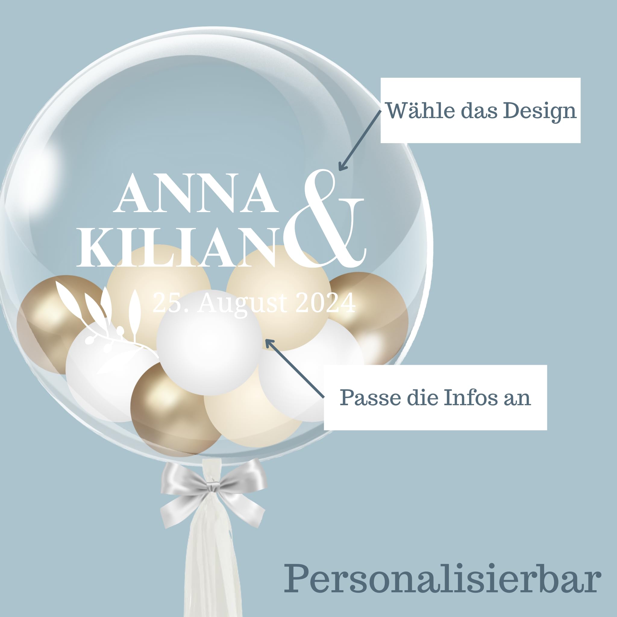 Personalisiertes Ballongeschenk: Durchsichtiger Heliumballon mit Bunten Ballons, Geschenk zur Hochzeit, Hochzeitsmitbringsel