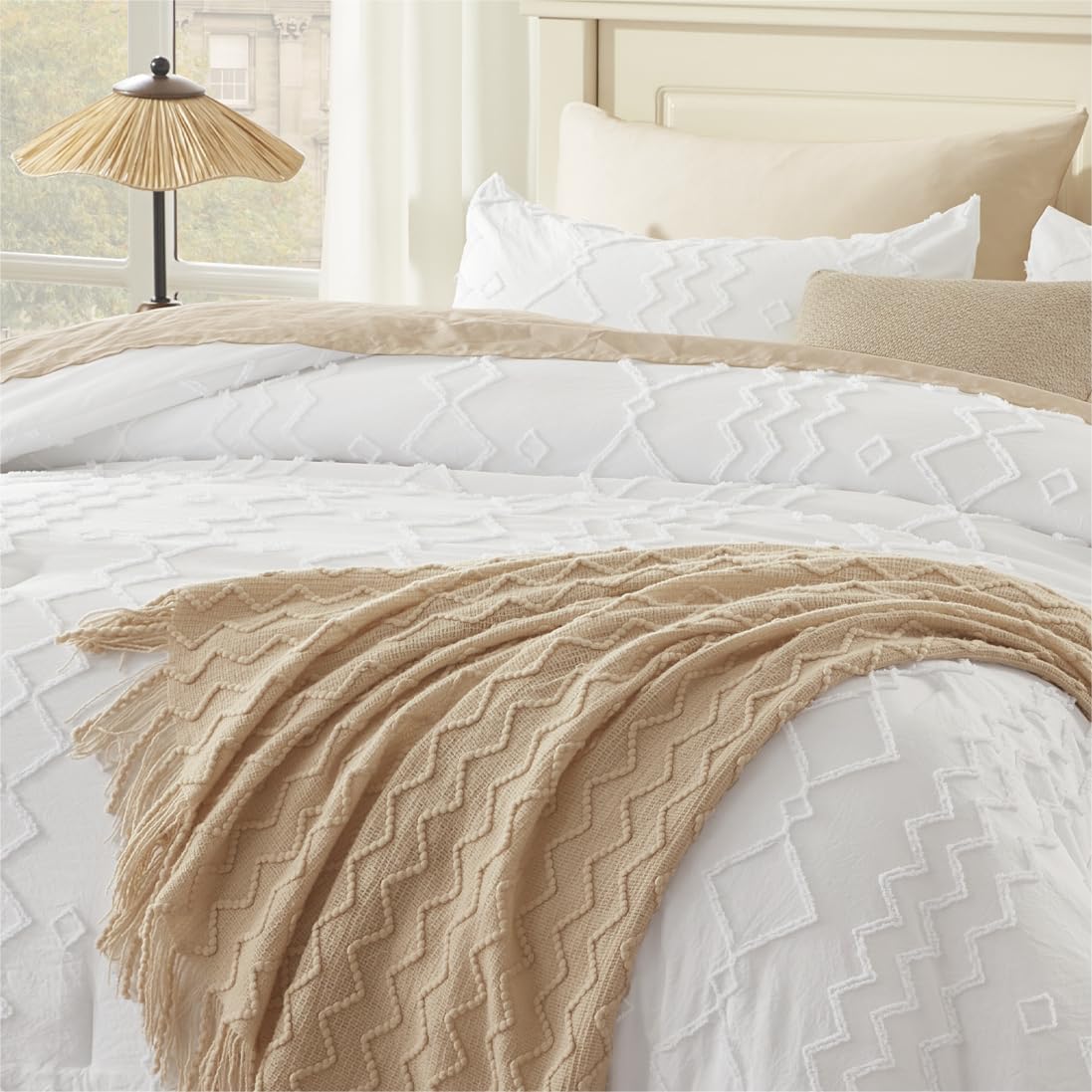 Andency White Full Size Comforter Set, 3 Pieces Boho Textured Fall Farmhouse Bed, Microfiber Geometric Comforter Bedding Set (79x90In Comforter & 2 Pillowcases) - Image 7