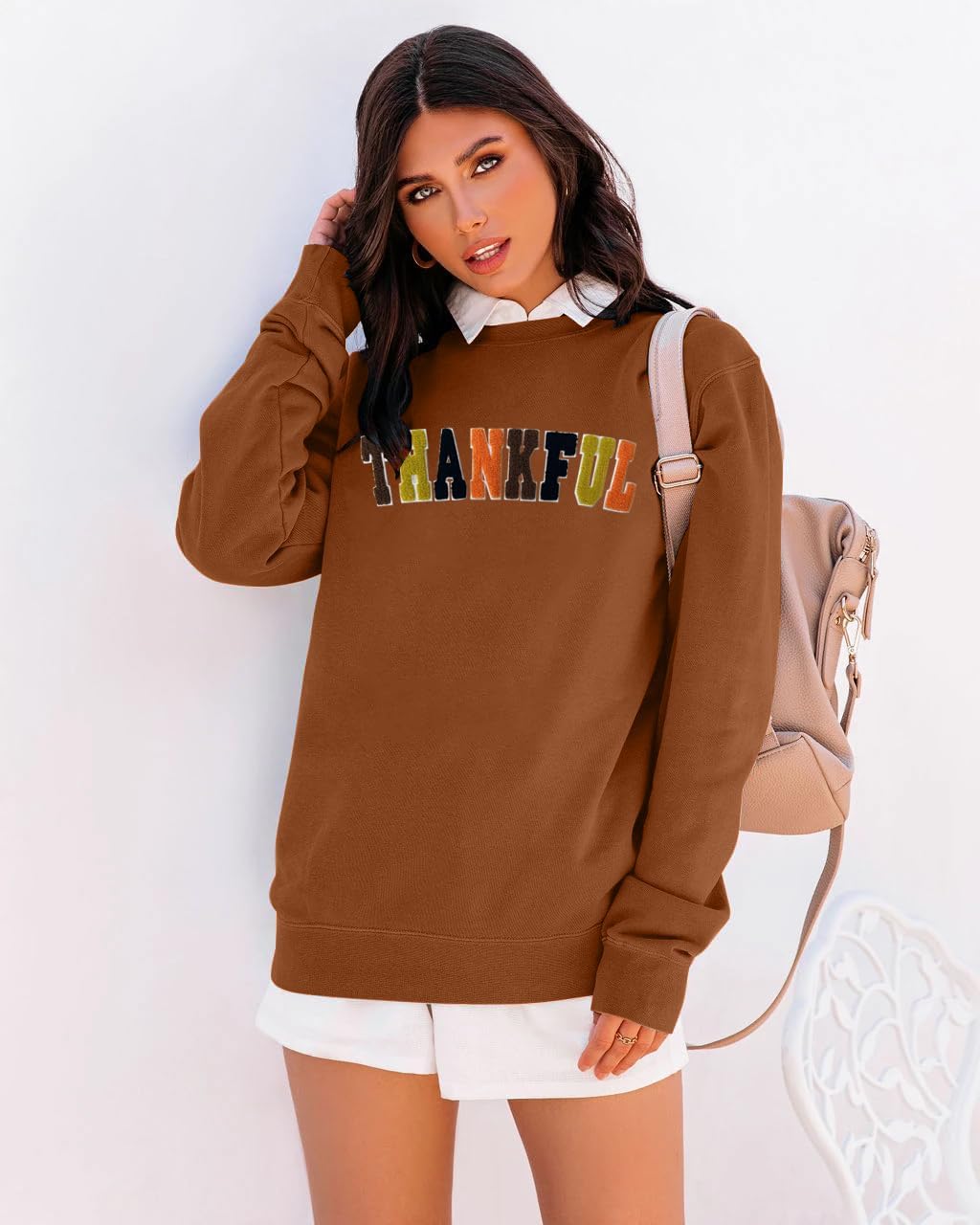 Thanksgiving Sweatshirts for Women Chenille Thankful Sweatshirt Fall Colorful Letter Print Pullover Oversized Tops - Image 2