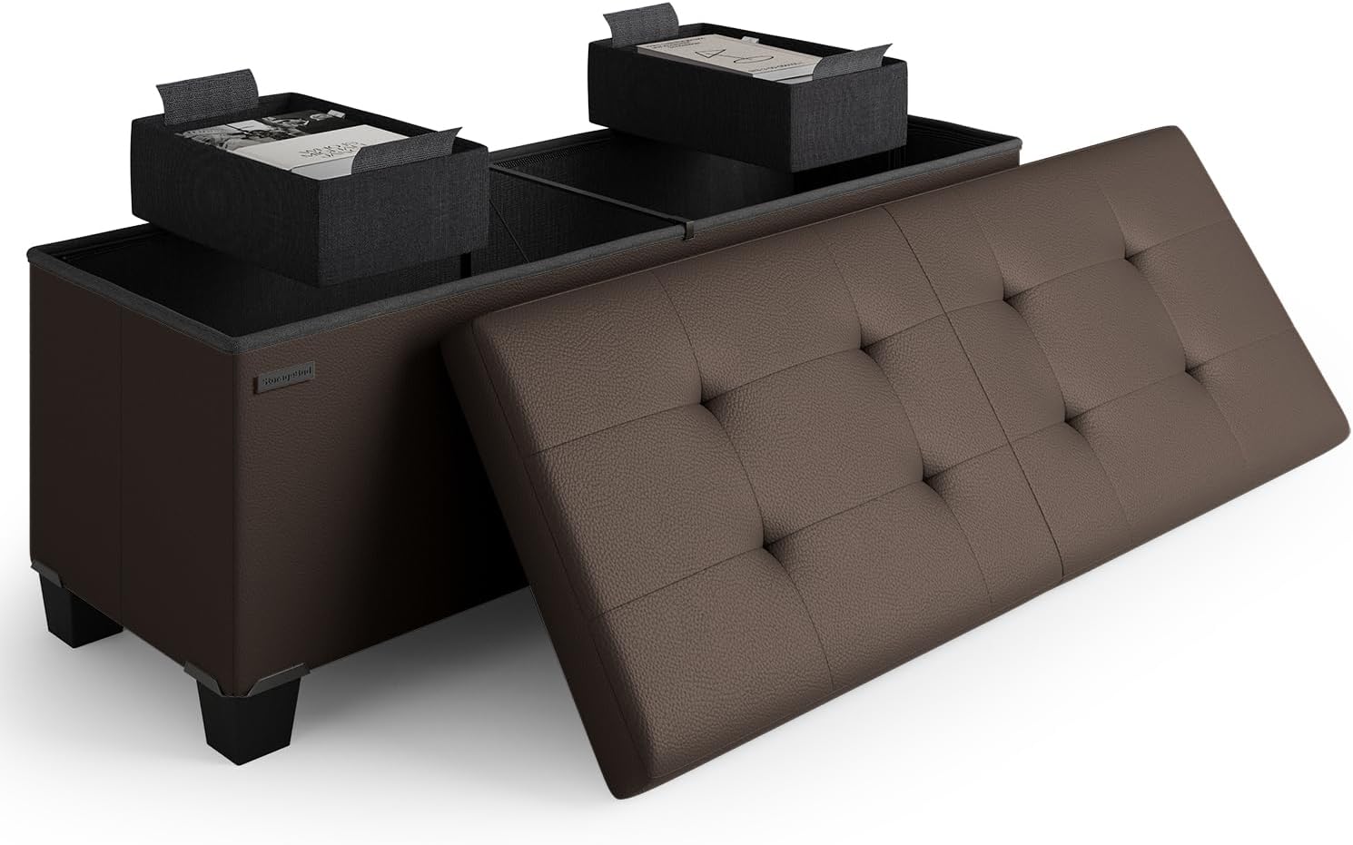 STORAGEBUD Storage Ottoman Bench with Bins, 43-in Storage Bench for Bedroom End of Bed, Folding Foot Rest Ottoman for Living Room Max 660lbs, Faux Leather Ottomans, Brown