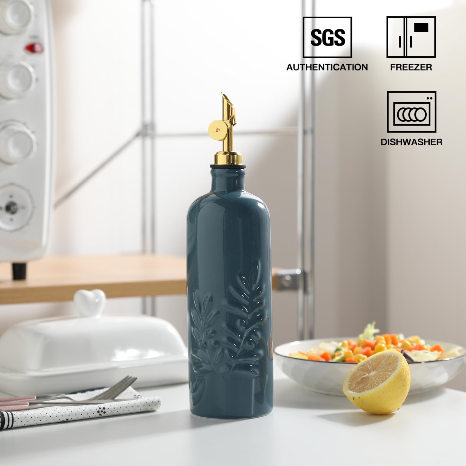 Sweejar Home Bouteille de 530 ml pour huile de cuisine avec bec à gravité, distributeur d'huile d'olive en céramique, récipient opaque en relief pour huile d'olive extra vierge, vinaigre, sauce soja