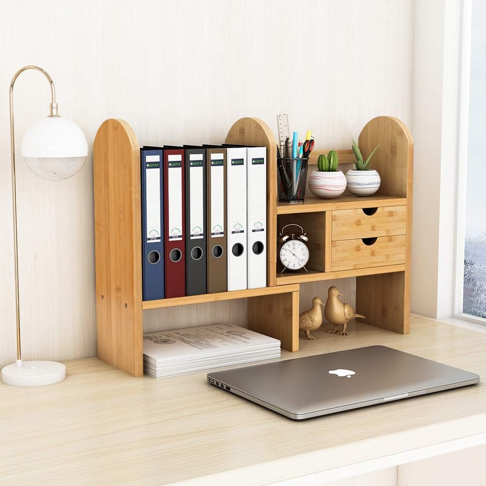 Tribesigns Bamboo Desktop Bookshelf Counter Top Bookcase Adjustable with 2 Drawers, Desk Storage Organizer Display Shelf Rack for Office Supplies, Kitchen,Bathroom, Makeup (Natural)