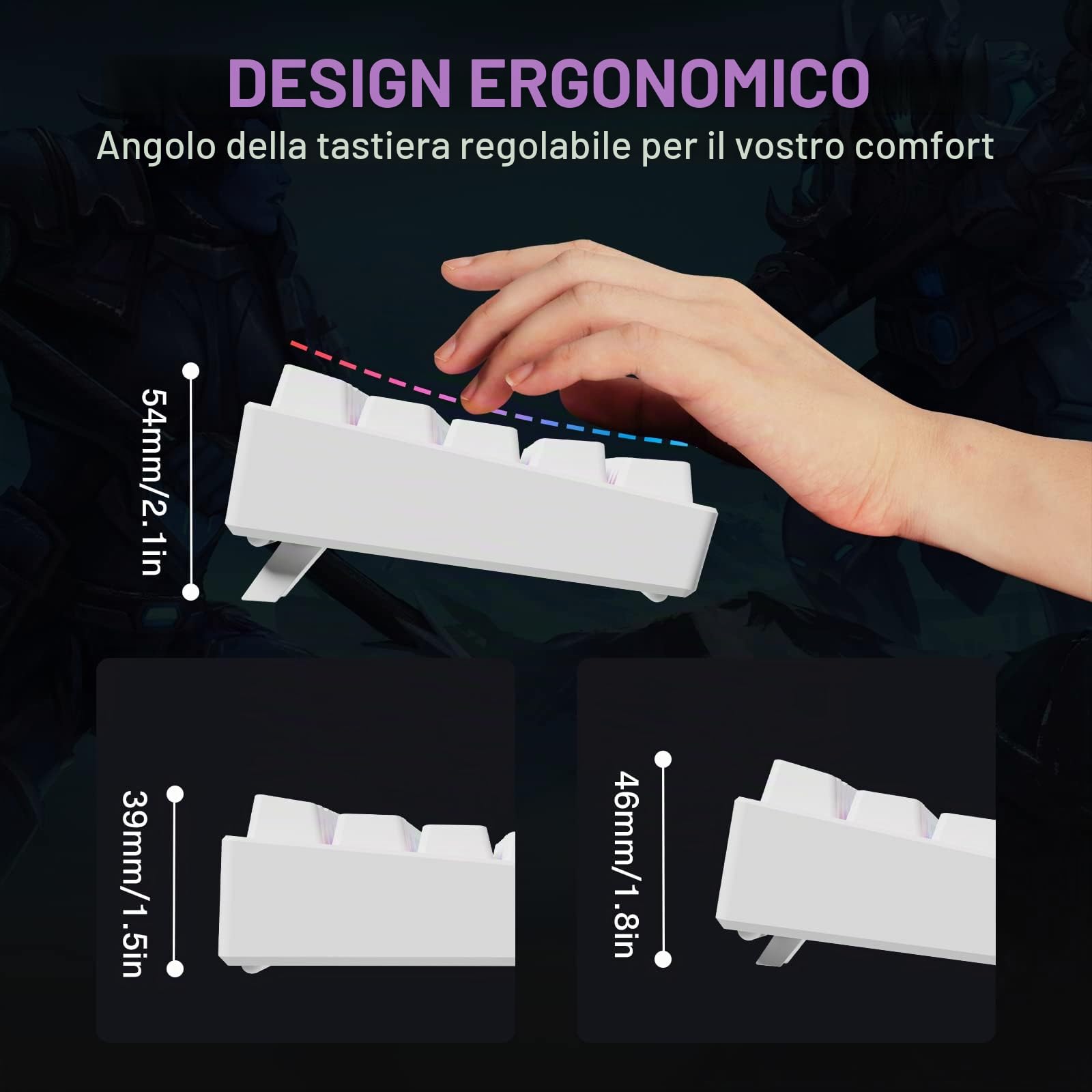 TECURS Tastiera da gioco meccanica senza fili RGB illuminata 65% TKL ricaricabile Bluetooth / 2.4G, 68 tasti, interruttore rosso QWERTZ per PC Windows/Mac/PS4, bianco