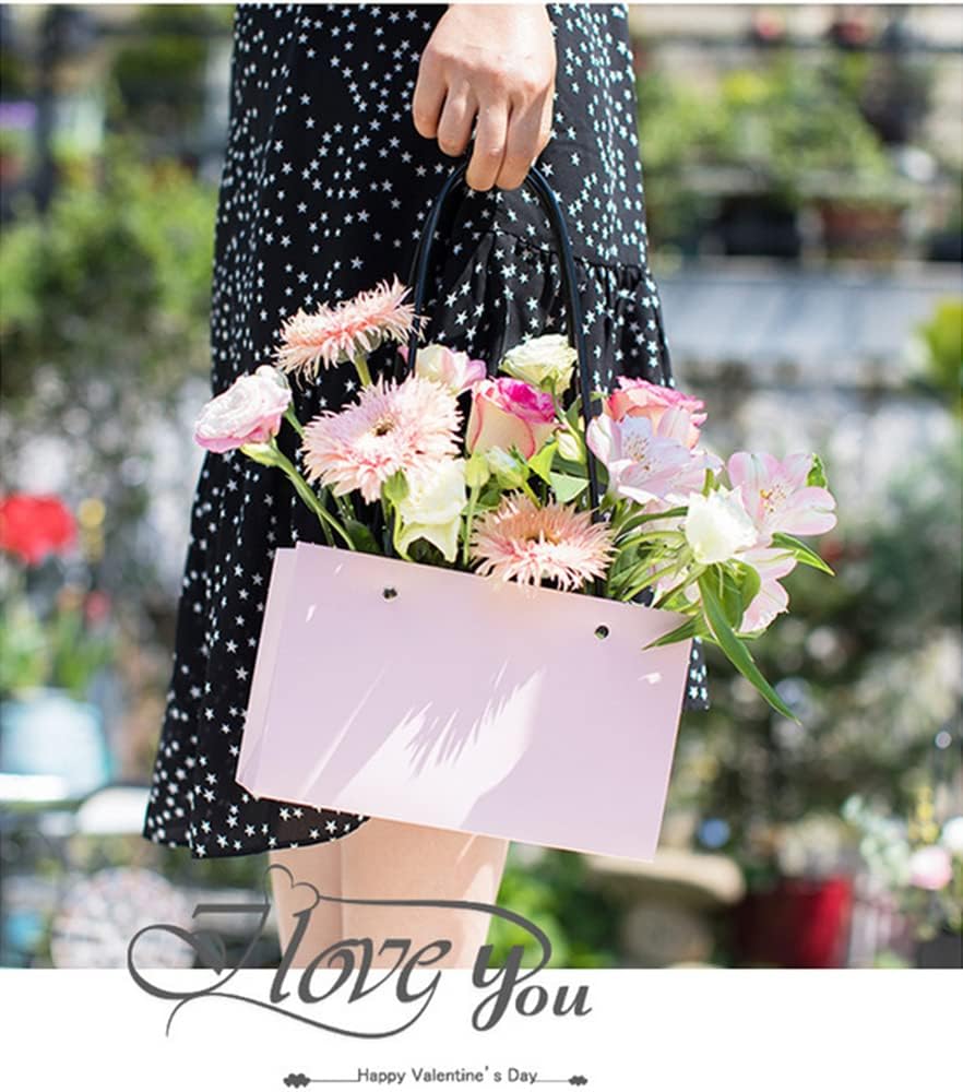 6 Pcs Kraft Paper Flower Gift Bags Bouquet Bags Box with Handle Waterproof Bouquet Gift Box,Rectangle Florist Packaging Wrap for Flowers Tote Bags(Khaki,Pink) - Image 4