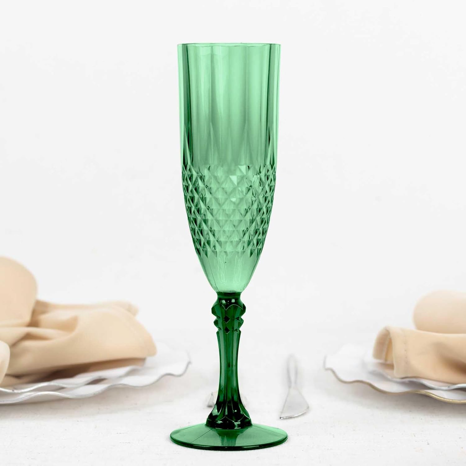 Efavormart 6-Pack 8oz Hunter Green Crystal Cut Plastic Champagne Flutes; Regal Tinted Shatterproof Toasting Glasses for Winter Galas and Formal Events