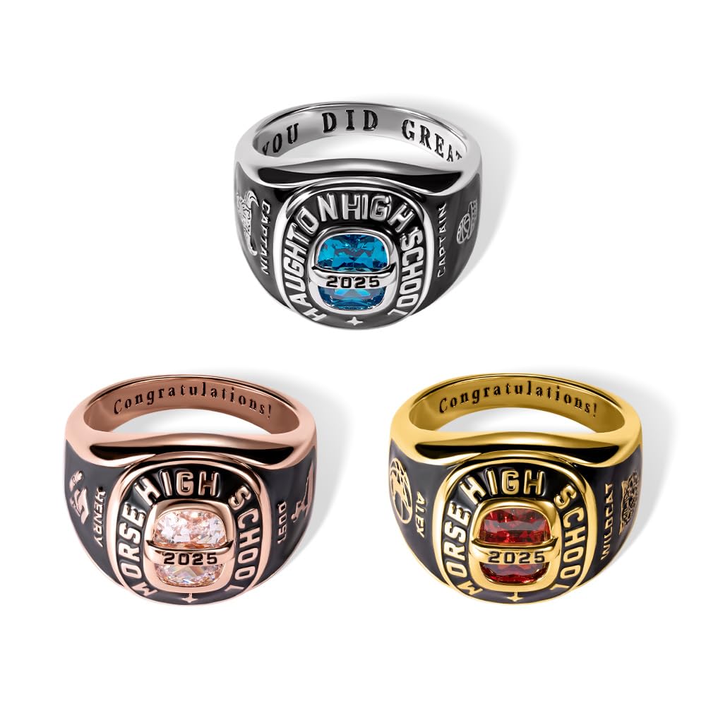 Anillo de clase cuadrado personalizado con símbolo de logotipo personalizado para hombres y mujeres, con texto personalizado, piedra natal, anillo de graduación universitaria para ella, anillo de