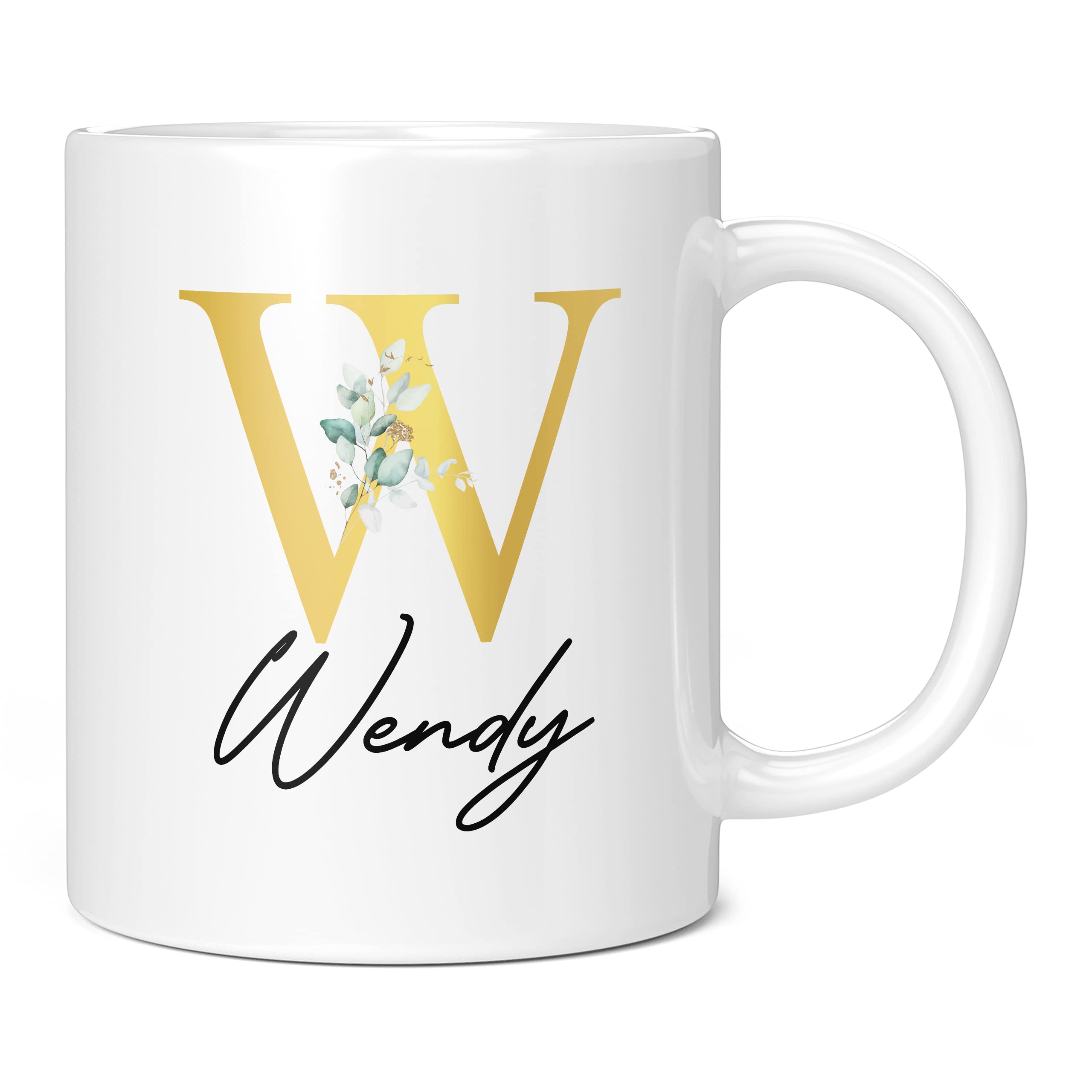 Personalised Letter W Floral Mug Initial with Name, Customised Gift, Gold Effect Printed Letter, NOT Metallic - Ceramic Coffee Cup for Men or Women, Extra Large and Giant Mug, 20oz White Cup