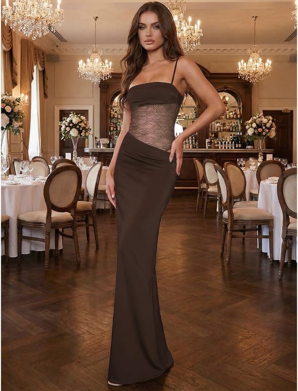 Kleid Damen Sexy Spitze Patchwork Slip Maxikleid Rückenfreies Bodycon Patykleid Figurbetontes Hochzeitsgast Kleider Lange Ärmelloses Elegant eng Abschlusskleid Spaghettiträger Cocktailkleid