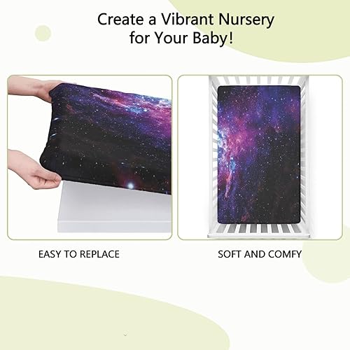 Miniatura 6 de Sábanas bajeras ajustables para cuna pequeña con temática de galaxia, sábana bajera suave para colchón para niños y niñas, 24 x 38 pulgadas, morado,