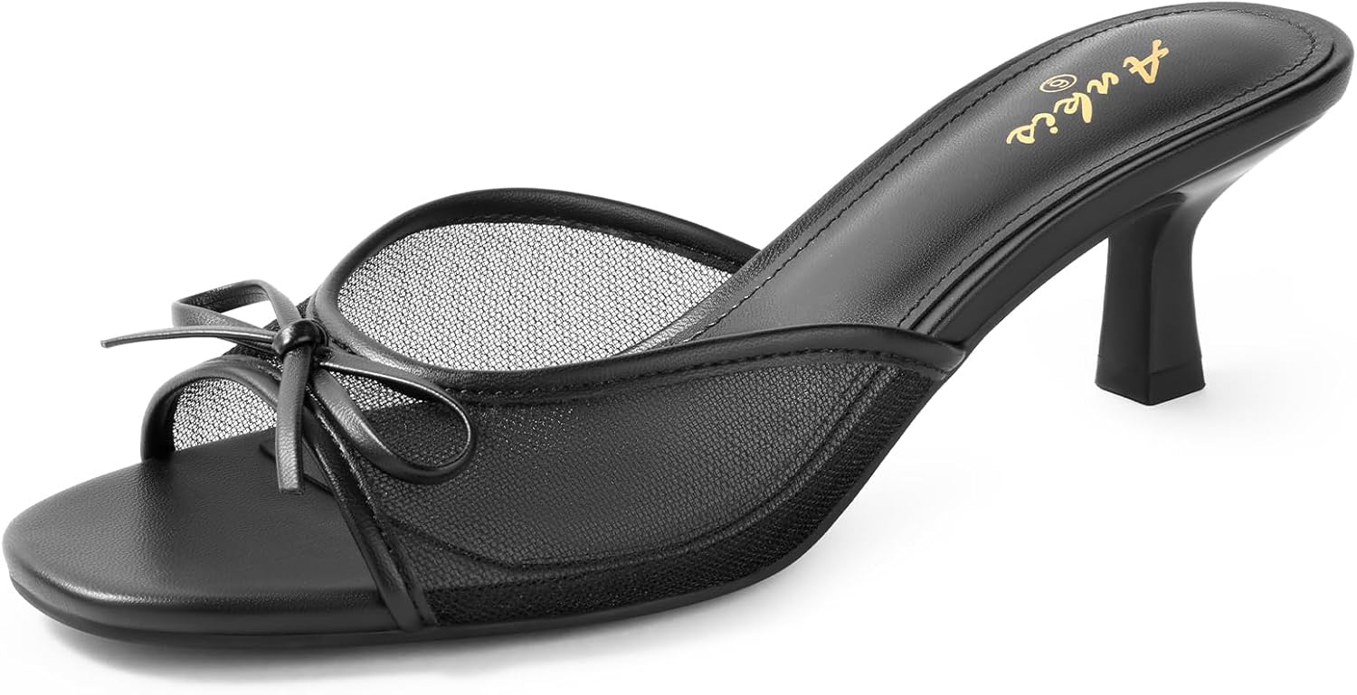 Ankis Women's Kitten Heel Sandals Square Open Toe Bow Mules Backless Slip On Comfortable Dress Heels for Party Daily