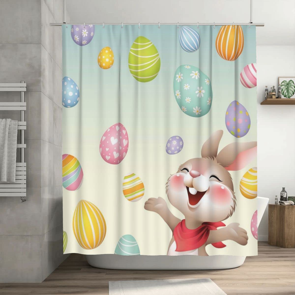 Shower Curtain, Smiley Bunny Happy Easter, Washable Fabric Bathroom Decor Bath Curtain Set with Hooks, 72" x 72"