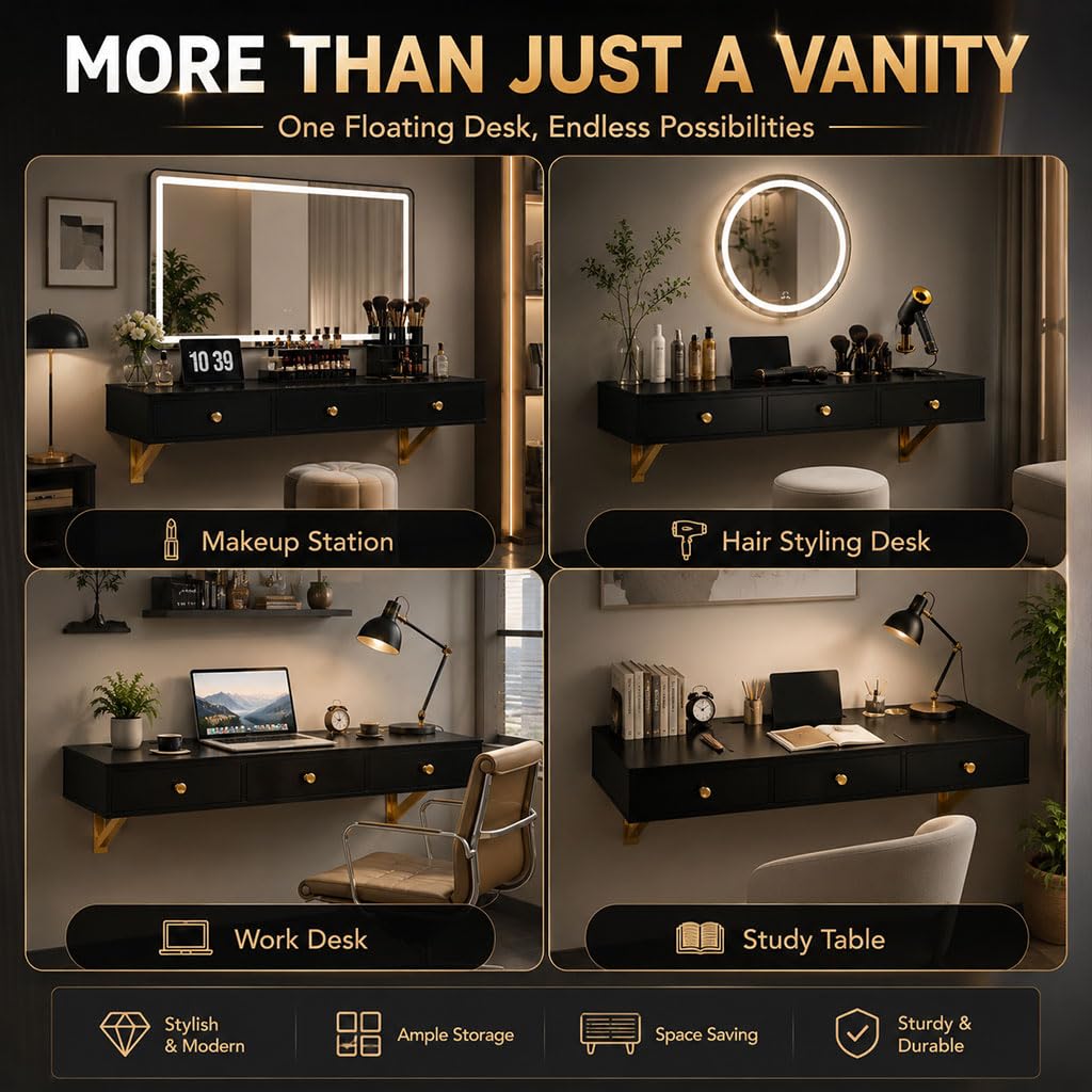 47 Wall-Mounted Floating Vanity Table Floating Shelf with Drawers & Storage Holes Multi-Purpose Makeup Station Hairdressing Desk or Study Table with Glass TopBlack product thumbnail 4