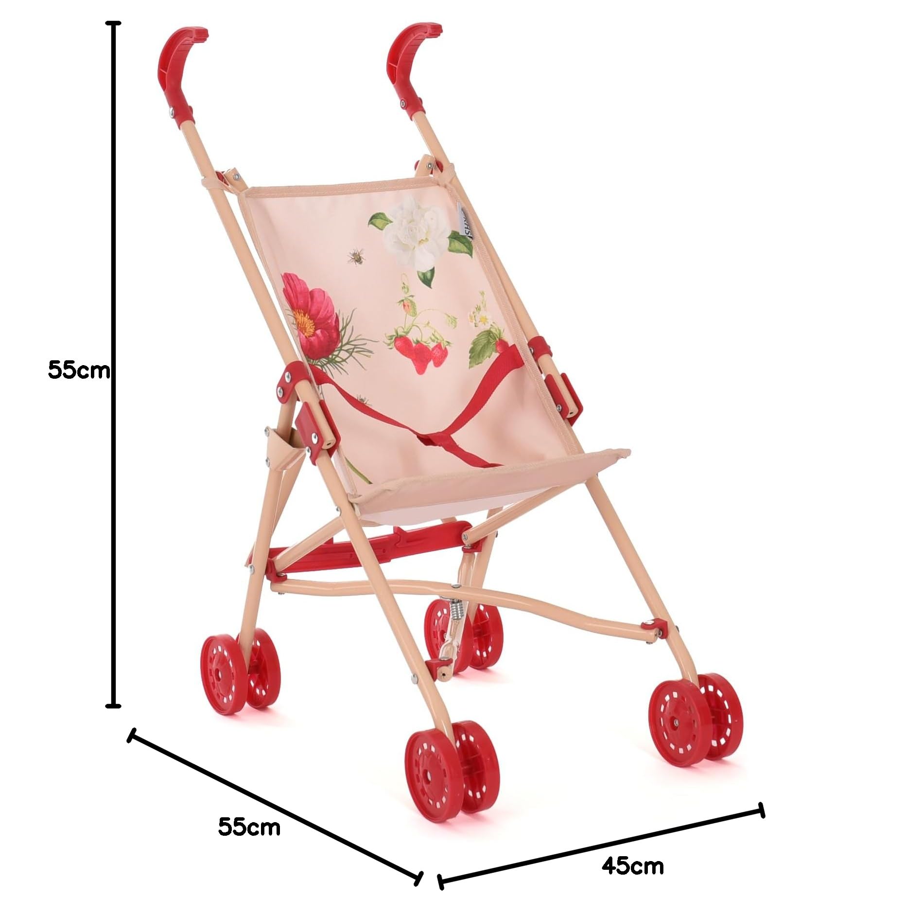 Poussette pour poupée Roma Flora - Jouet écologique avec parapluie pour poupée - À partir de 2 ans, crème/rouge, tissu recyclé, pliable, portable, première poussette idéale pour poupée, cadeau de Noël