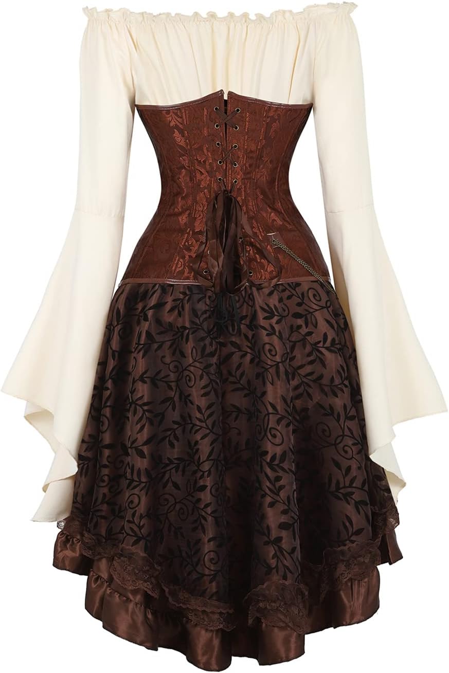 Women Steampunk Chain Corsets Tops with Gothic Skirt and Beige Off Shoulder Blouse