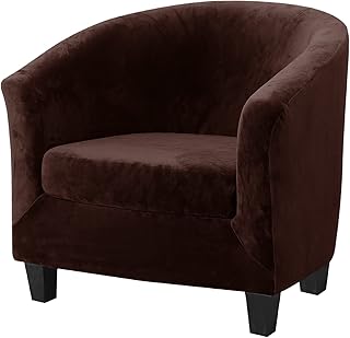 2-Piece Velvet Tub Chair Cover with Cushion Cover ,High Stretch Plush Club Chair Slipcover Removable Armchair Cover for Living Room Furniture Protector (Dark Brown)