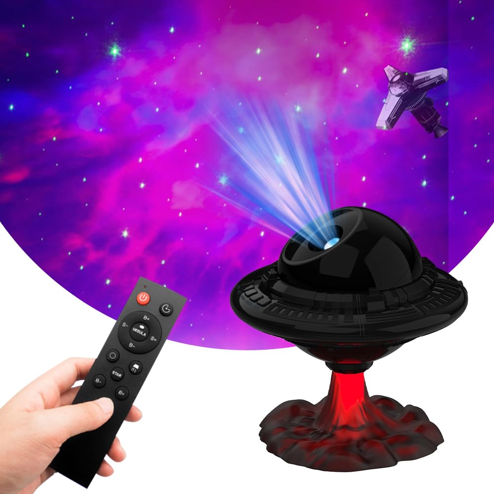 Luces nocturnas proyector de estrellas con forma de platillo volador con control remoto, 2 modos de temporización, lámpara LED, diseño OVNI, proyección de atmósfera para el hogar, dormitorio, sala de