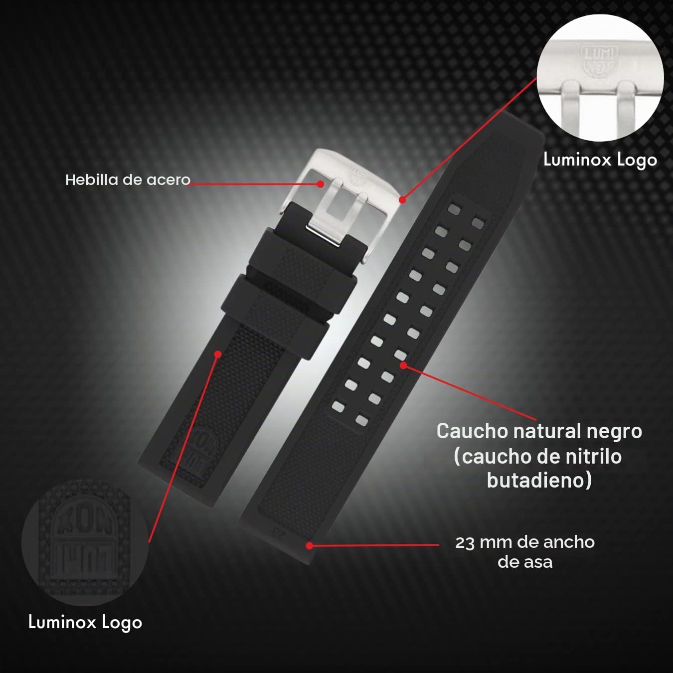 Luminox Correa de Reloj FPX.3050.20Q.2.K – Correa de Repuesto de Goma Negra con Hebilla de Acero Inoxidable para 0150 3050 3060 3080 3150 3160 3180, Negro/Plateado, Clásico