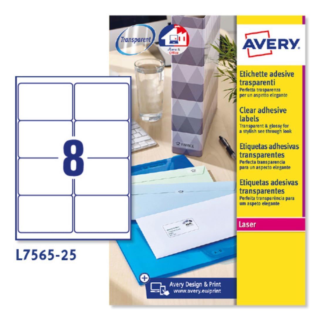 Avery España L7565-25 Etiquetas adhesivas transparente brillante, 25 hojas A4, rectangulares 99,1x67,7mm, 8 etiquetas por hoja, adhesivo permanente, impresoras láser