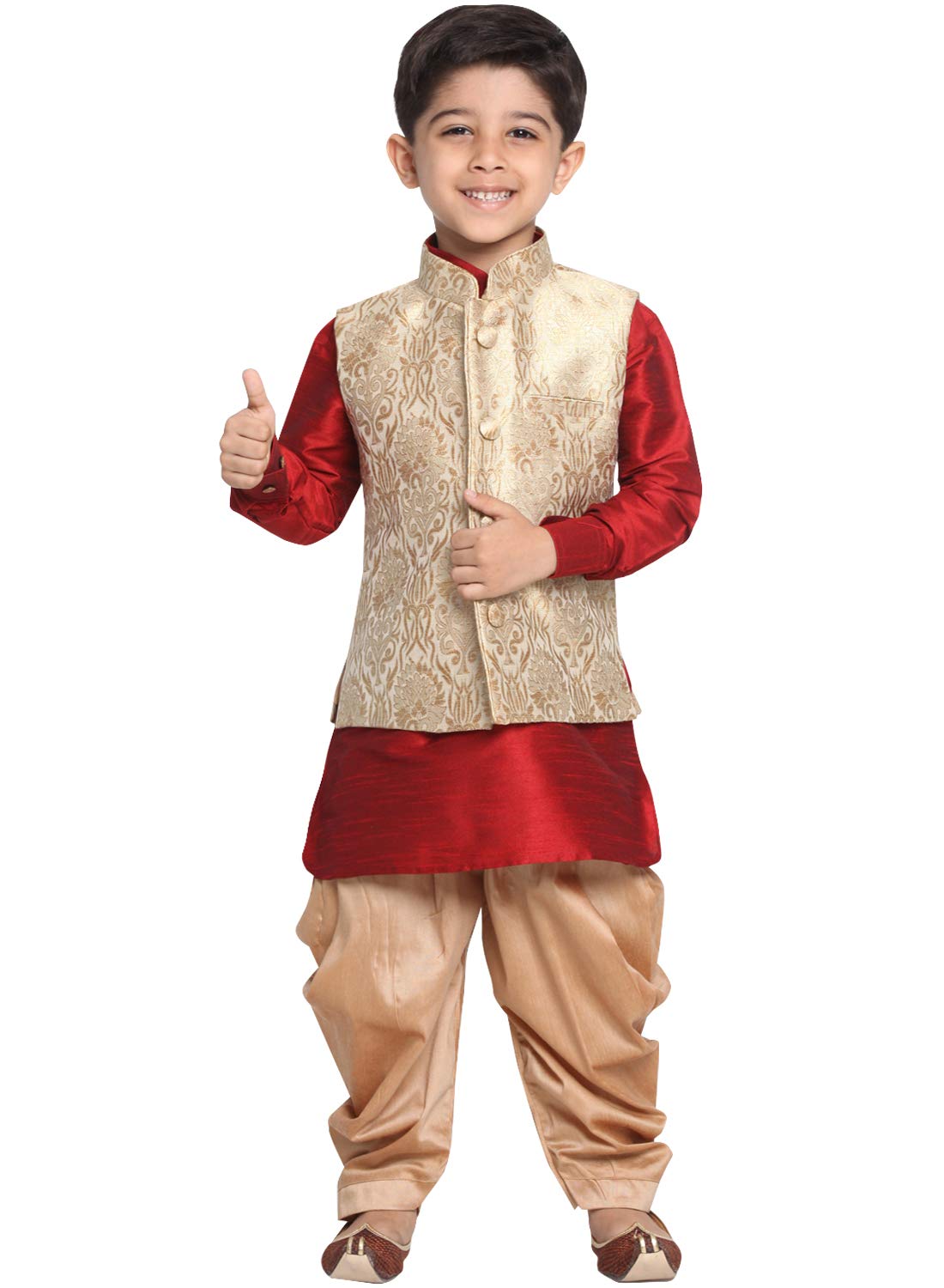 Vastramay Banarasi Brocade Woven Jacquard Nehru/Modi Jacket With Silk Pathani Kurta & Dhoti Pant Set  Traditional Ethnic Wear For Boys