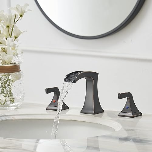 Miniatura 2 de Grifo de lavabo de baño de 3 agujeros, latón con dos asas, grifo ancho de 8 pulgadas con drenaje emergente, grifos de baño y manguera de suministro