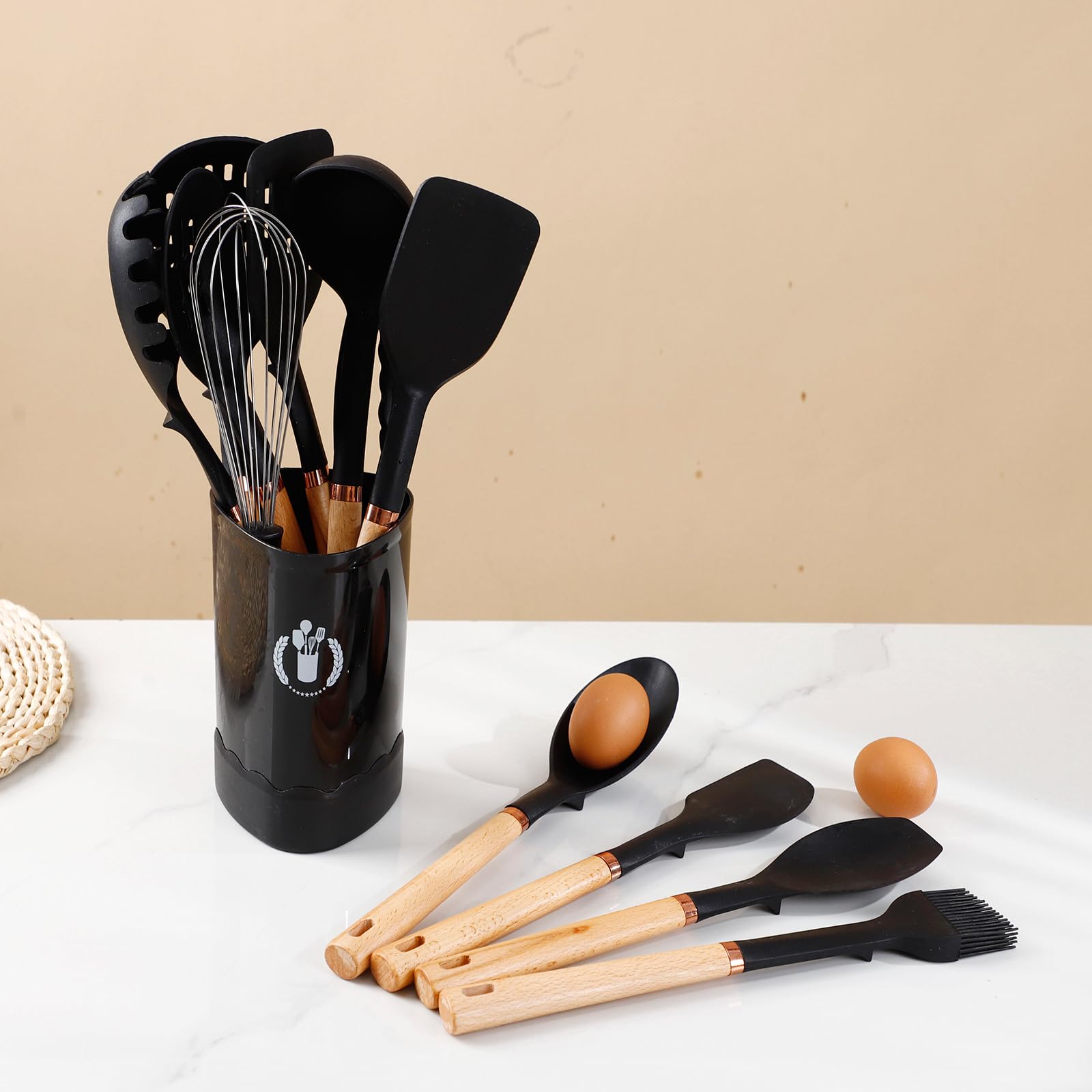 Jiufei Home Silicone Cooking Utensils Set, Kitchen Utensils Set 13 Pcs for cooking, BPA Free Spatula Set with Heat Resistant Wood Handles for Nonstick Cookware Dishwasher Safe(Black)