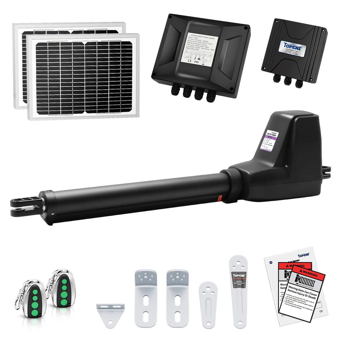TOPENS AT12131S Solar Single Swing Gate Opener Heavy Duty Automatic Gate Motor for Single Swing Gates Up to 18ft, Electric Driveway Gate Operator AC Powered with Solar Panel Remote Control Kit
