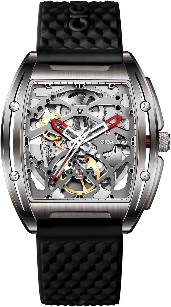 Skeleton Watch Z Series Titanium Automatic Mechanical Wristwatch Sapphire Tonneau Analog Men's Watches 3ATM Waterproof with Removable Silicone and Leather Strap Unisex Steampunk Gift