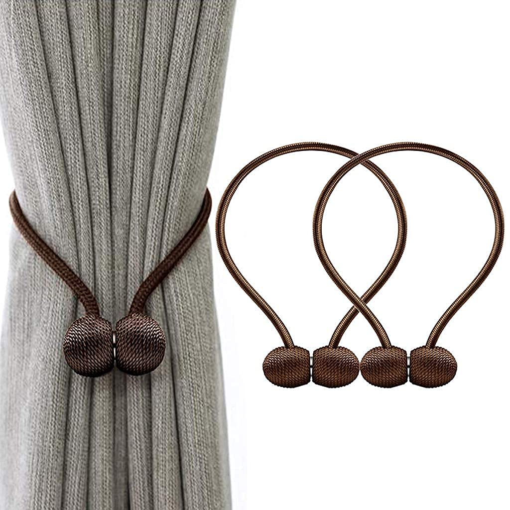 Magnetic Curtain Tiebacks Curtain Clips Rope Holdbacks Curtain Weaving Holder Buckles for Home Office Decoration (1 Pair, 2 Pcs-Brown)
