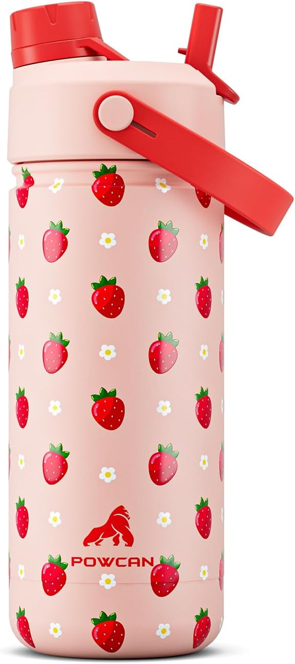 18 oz Kids Metal Water Bottle: 2-in-1 Straw Spout Lid, Spill-Proof, Easy Clean, Keep Cold 24H, Backpack Friendly, BPA-Free Stainless Steel Cup for School, Daycare, Playtime, Gift (Strawberry Daisy)