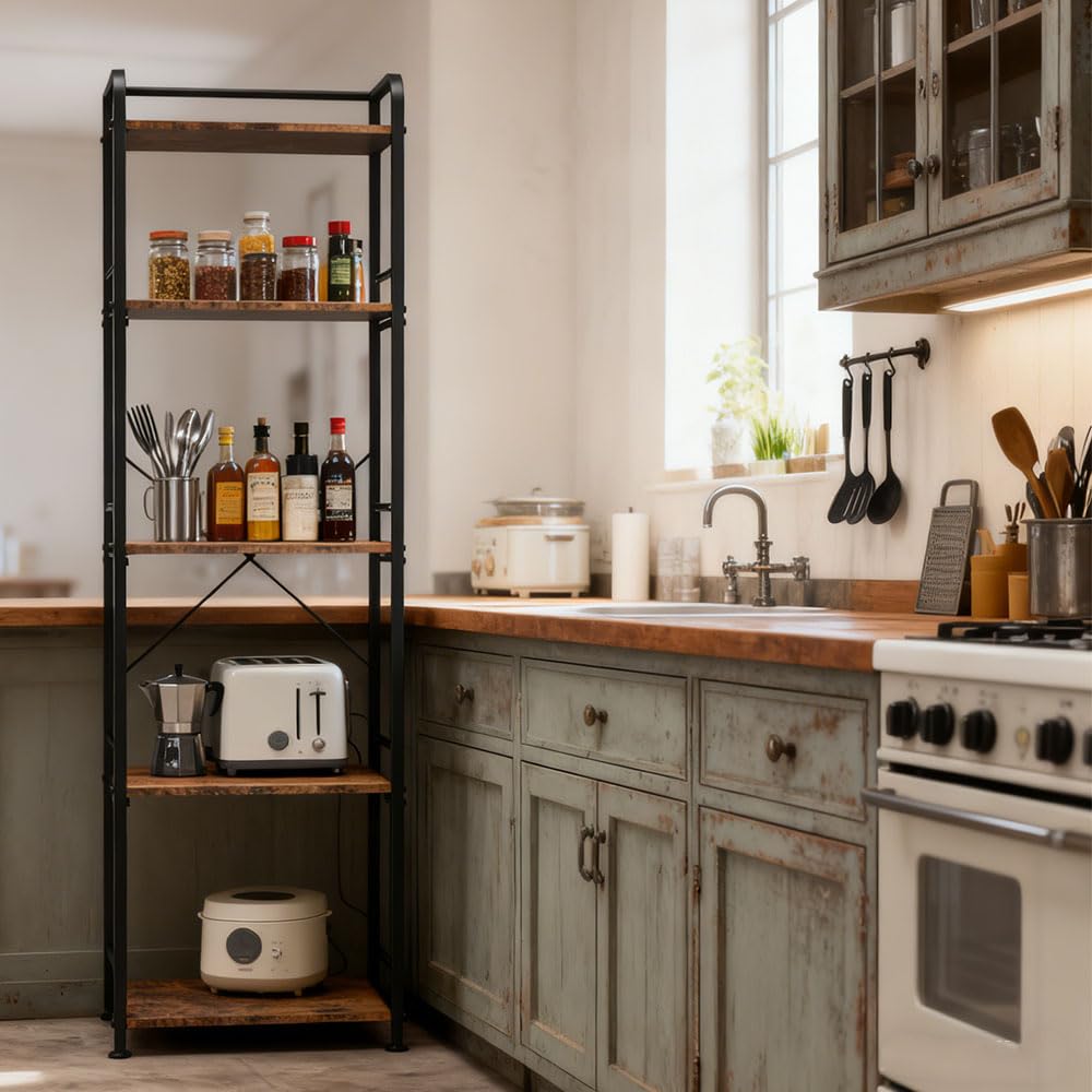 Estantería Industrial de 5 Niveles con Estantes de Madera | Marco Metálico Negro, 151 × 43 × 28 cm, Capacidad de 110 lb, Ideal para Salón, Oficina o Dormitorio