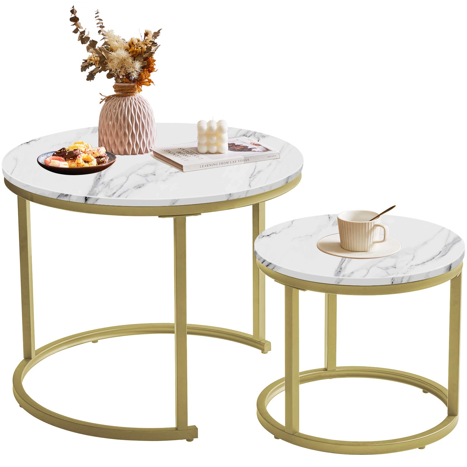 IBUYKE Lot de 2 Tables Basses gigognes, Rondes Table d'appoint, Tables gigognes, pour Salon, Salle à Manger, Chambre, Balcon, Blanc et doré TMJ062G
