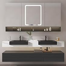 Bathroom Vanity with Double Sink, 2 Independent Black Sinks and Rock Slab Countertop, Floating Vanities for Bathroom, LED Smart Defogging Mirror Cabinet Mirror Cabinet, Double Sink, 56IN