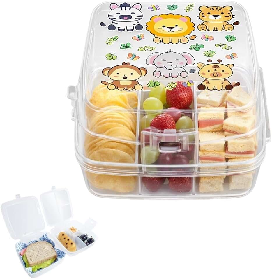 Lancheira Infantil Transparente com 4 Compartimentos, Divisórias Internas e Desenhos de Animais Fofos