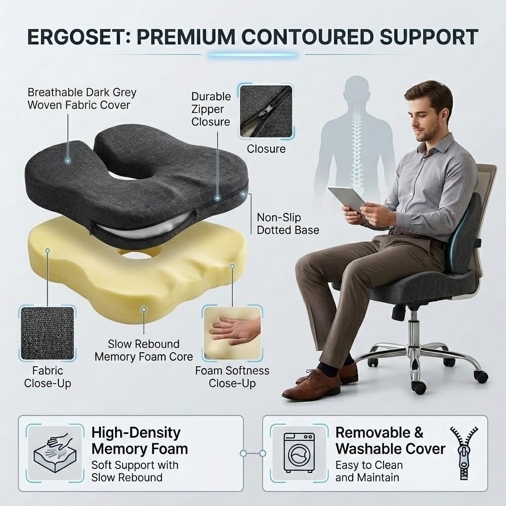 Seat Cushion Lumbar Support Pillow Set with Adjustable Strap | Memory Foam Office Chair Cushion for Back Support, Ergonomic Car Seat Cushion for Office Chair, Wheelchair, Home
